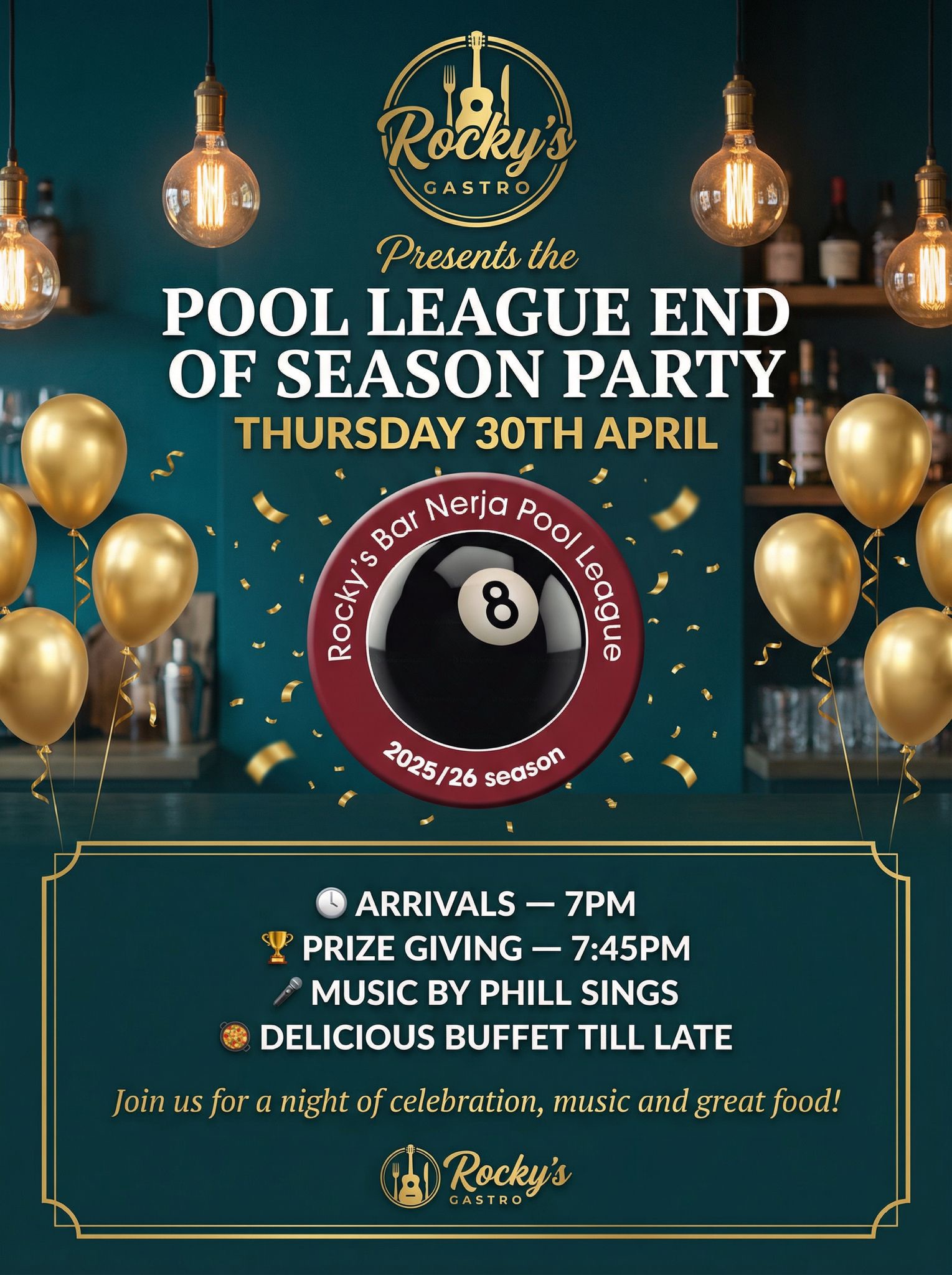 End of season party & prize presentation night at Rockys!