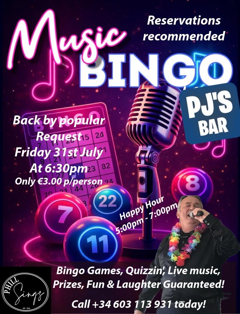 Musical Bingo at PJ's Bar & Restaurant - Friday July 31st.